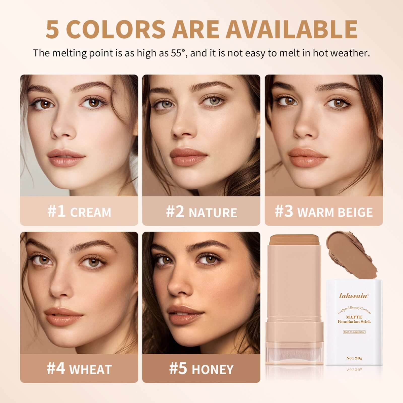 Eraser Stick Foundation Natural Nude Feel in five shades: Cream, Nature, Warm Beige, Wheat, Honey, showcasing versatile skin care.