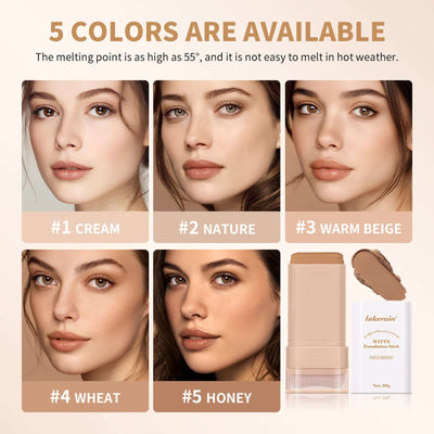 Eraser Stick Foundation Natural Nude Feel in five shades: Cream, Nature, Warm Beige, Wheat, Honey, showcasing versatile skin care.