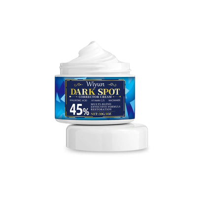 Dark Spot Corrector Cream in a blue jar highlighting skin care benefits and key ingredients for dark spot treatment.