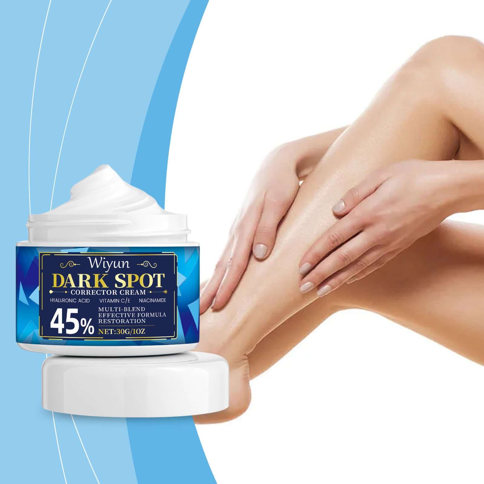 Dark Spot Corrector Cream shown on a model's leg, highlighting effective skin care.
