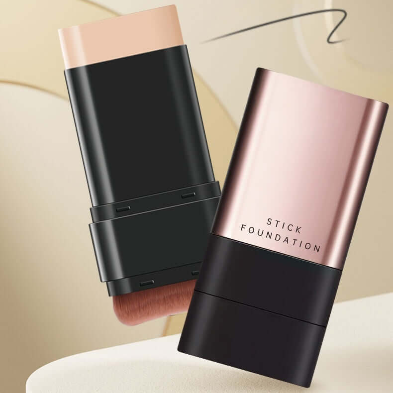 Flawless Water Light Eraser Stick Foundation packaging showcasing two shades with integrated brush for even application.