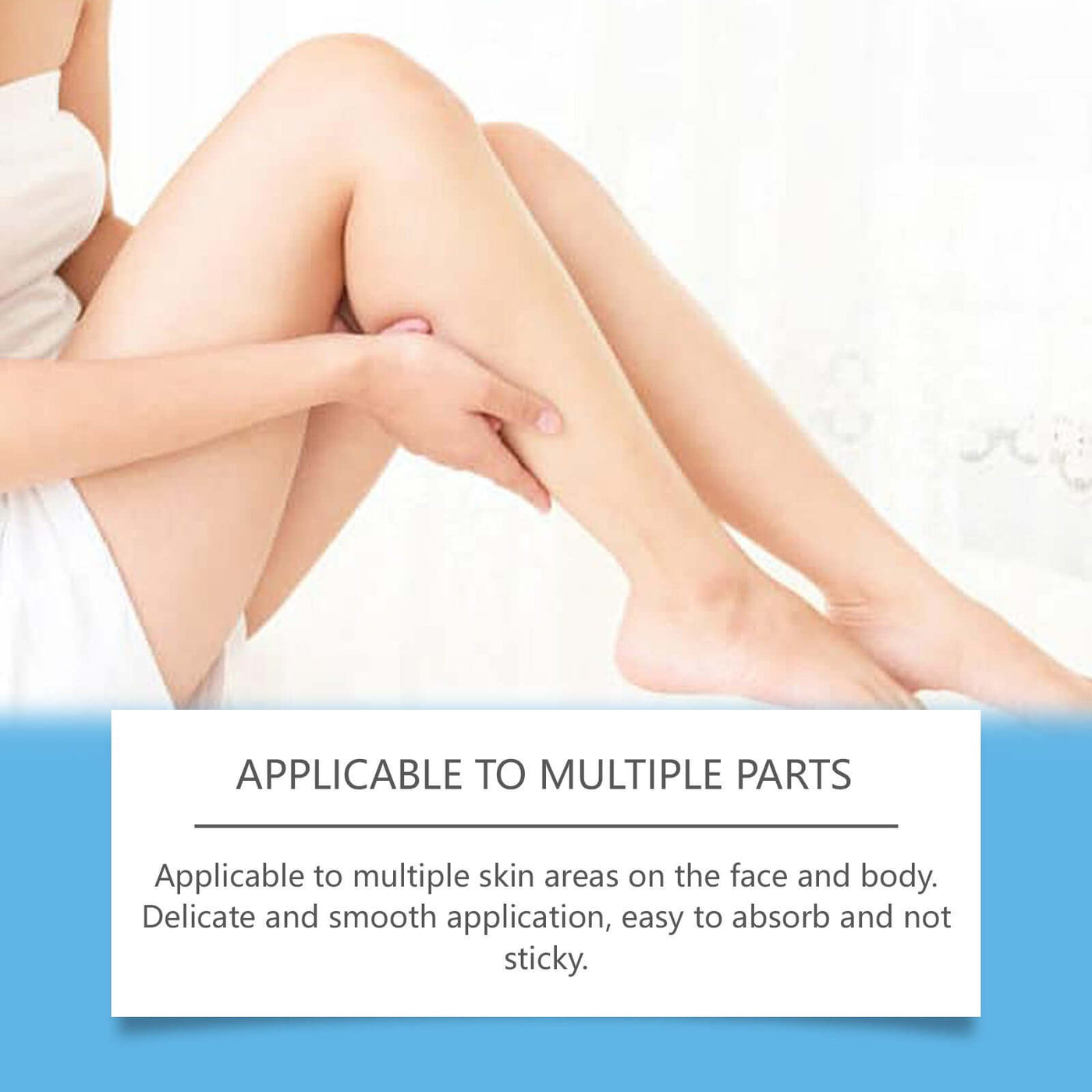Image of legs illustrating skin care product features, highlighting its applicability to multiple skin areas.