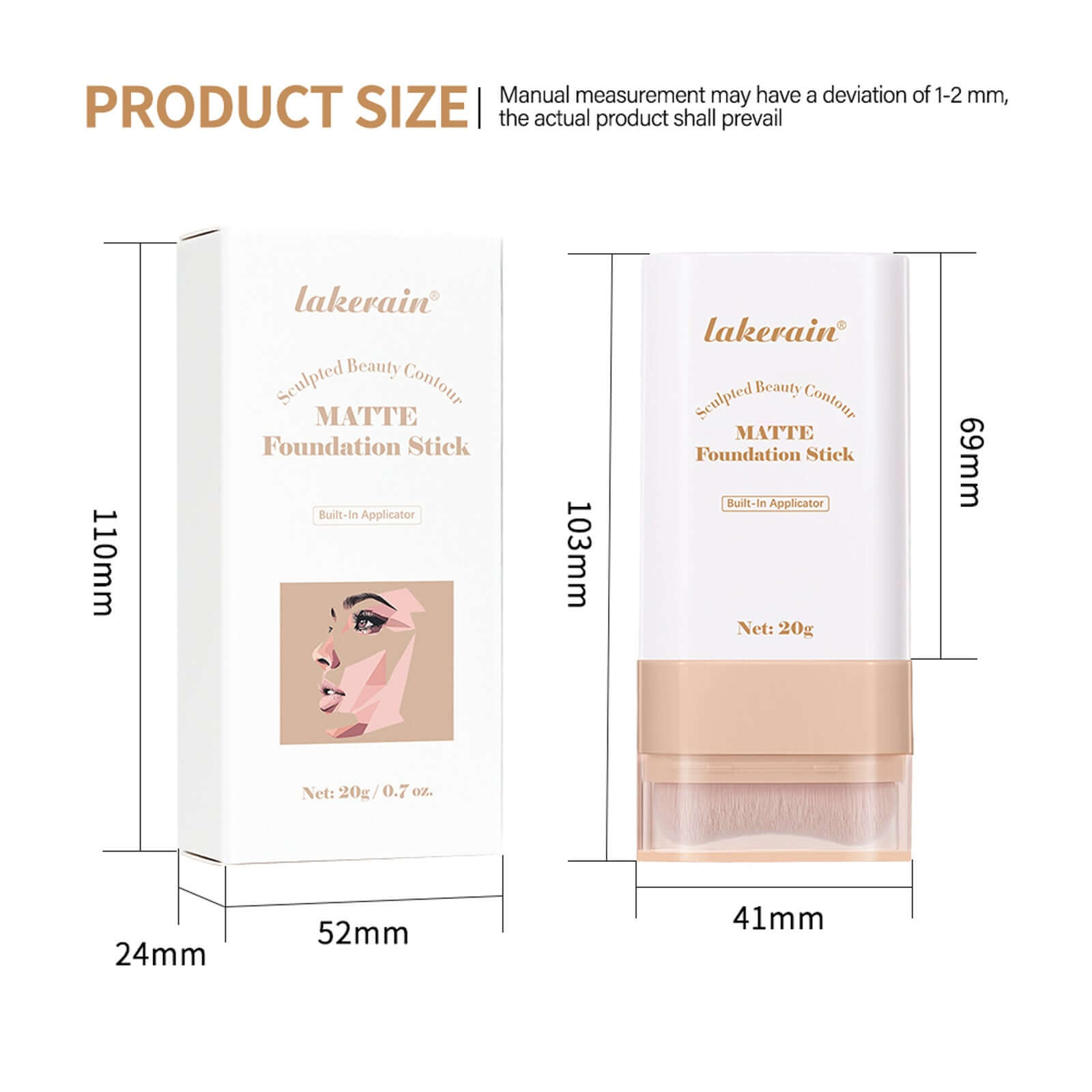 Eraser Stick Foundation Natural Nude Feel product specifications image with dimensions, packaging, and applicator details.