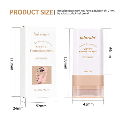 Eraser Stick Foundation Natural Nude Feel product specifications image with dimensions, packaging, and applicator details.